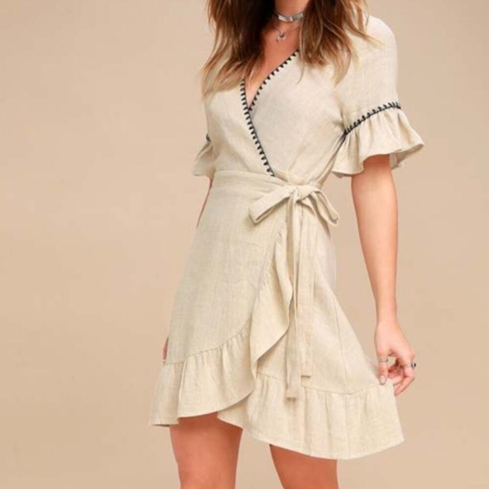 Moon River (S) Cyrus Beige Embroidered Wrap Mini Dress Ruffle Boho Lulu's